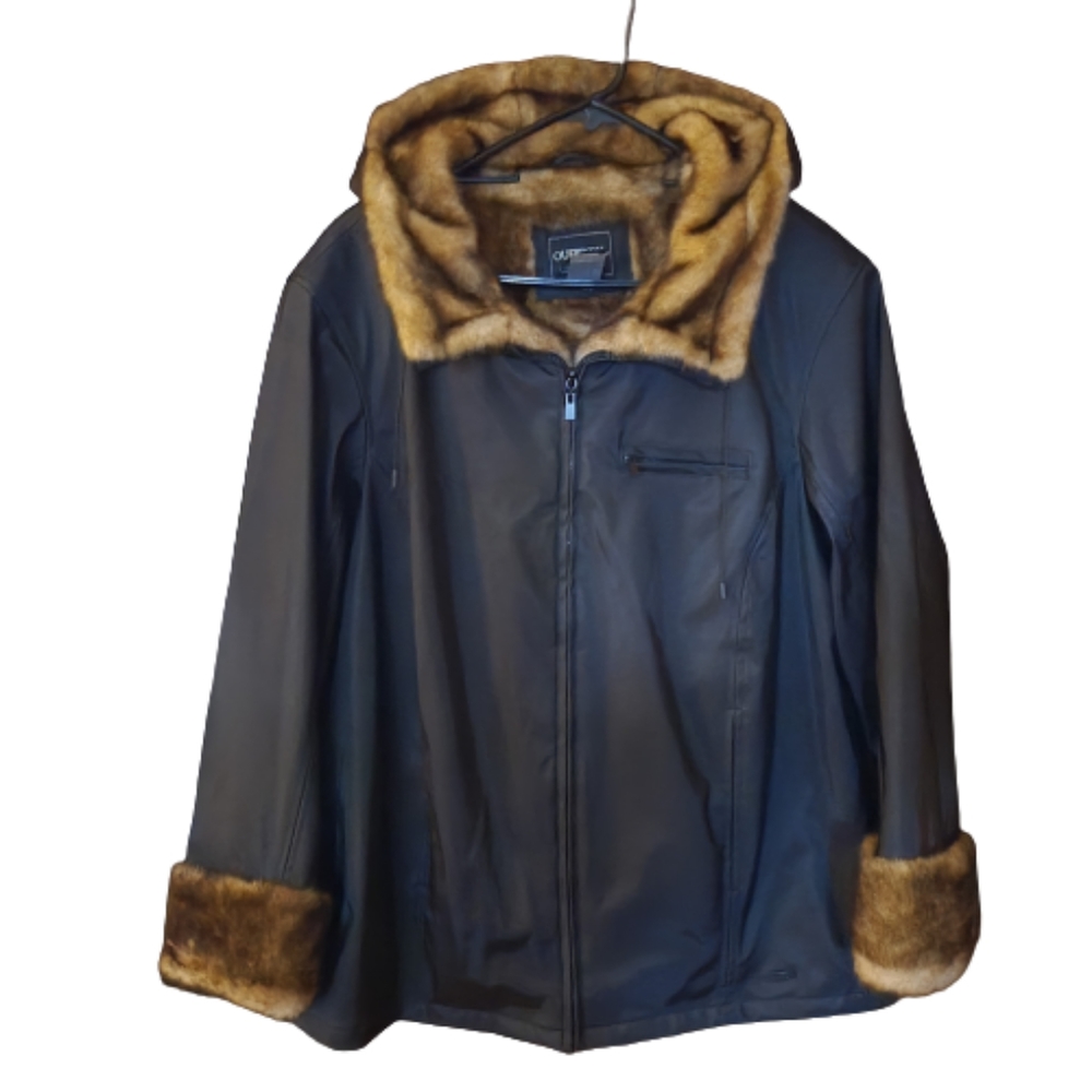 NWOT Outbrook Faux Leather Coat with Faux Fur Lined Hood & Cuffs